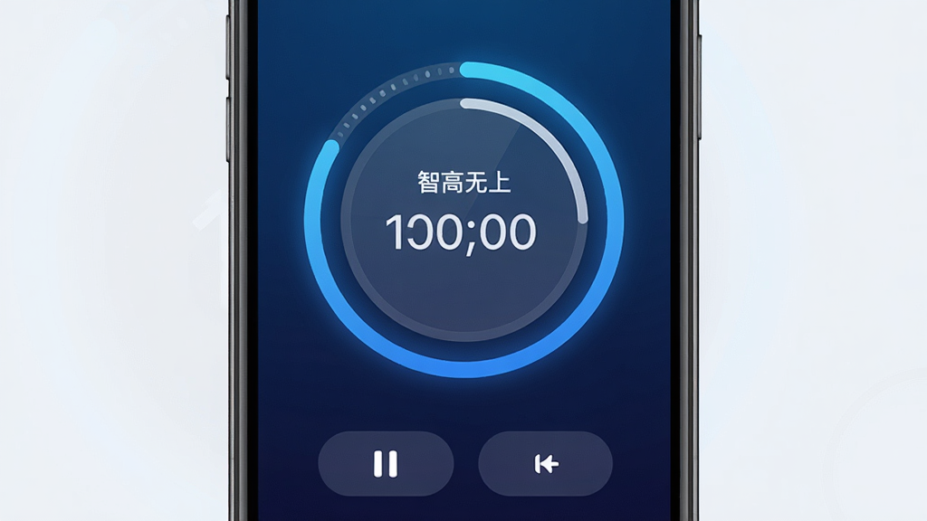手机屏幕显示“智高无上”专注计时界面,圆形计时器居中,外围环绕进度光环,背景为深蓝色渐变,界面下方有暂停与继续按钮,画面风格沉稳简洁,布局清晰,细节精致,画质干净,无多余元素