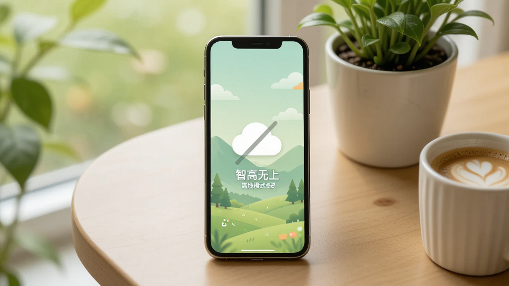 手机放置在桌面,屏幕显示“智高无上”离线模式提示界面,界面中央有云朵与斜杠图标,背景为浅绿色自然场景,旁边放置绿植与咖啡杯,整体风格生活化,布局自然,细节柔和,画质干净,无多余元素