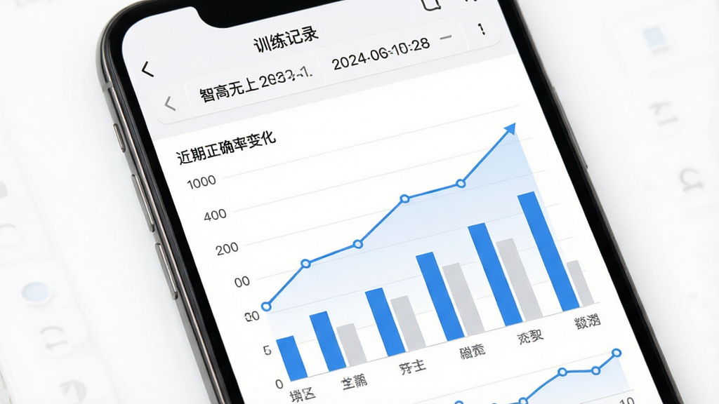 手机屏幕展示“智高无上”训练记录页面,折线图与柱状图组合呈现近期正确率变化,图表配色为蓝色与浅灰,页面顶部显示日期筛选栏,背景为白色,整体风格清爽商务,布局规整,细节清晰,画质干净,无多余元素