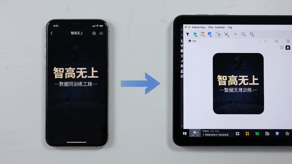 手机与电脑并排摆放,手机屏幕显示“智高无上”训练界面,电脑屏幕显示安卓模拟器运行同一应用,画面中间有箭头连接表示数据同步思路,背景为浅灰色桌面,风格简洁实用,布局左右对称,细节清晰,画质干净,无多余元素