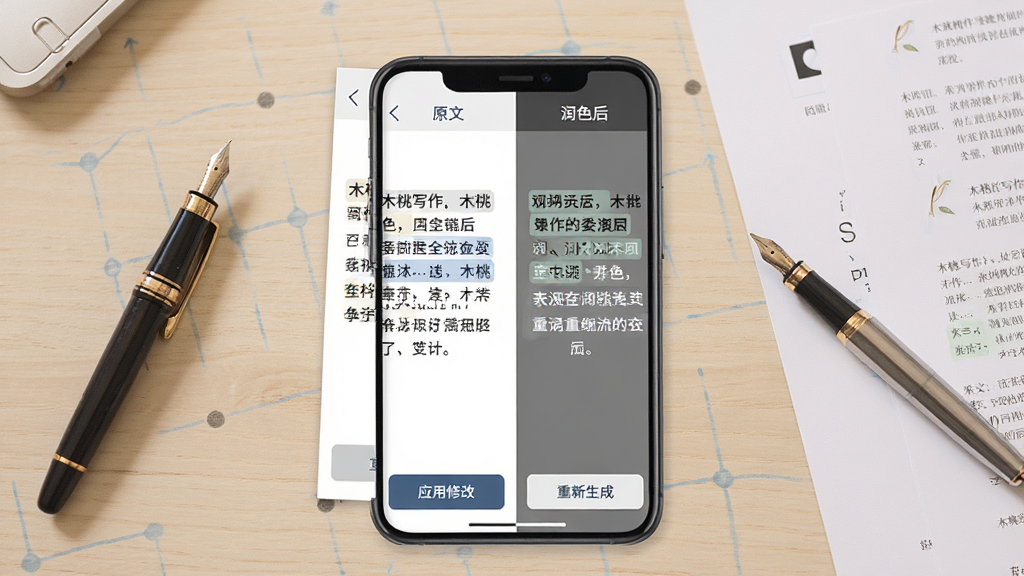 画面为“木桃写作”润色功能界面展示,手机屏幕左右分栏对比显示原文与润色后文本,差异处用浅色高亮标注;界面下方有“应用修改”与“重新生成”两个按钮;背景为浅木色桌面,放置一支钢笔和几张打印稿;整体风格商务简洁,画质清晰,文字区域干净无遮挡。