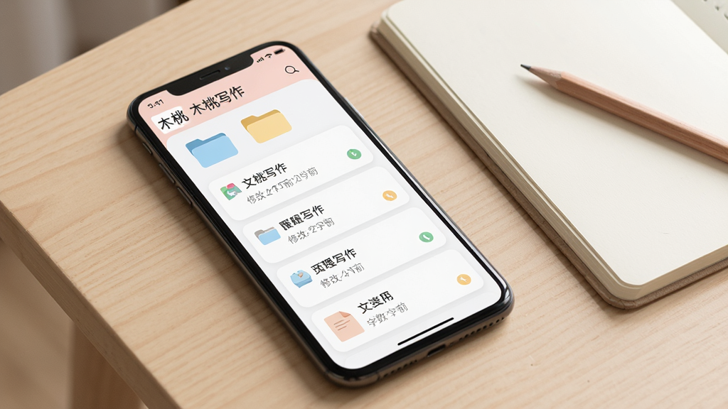 画面展示“木桃写作”文稿管理列表界面,手机屏幕显示多个文件夹图标与文稿条目,条目带有标题、修改时间和字数标注;界面采用卡片式布局,配色柔和;手机平放在浅色桌面上,旁边有一本翻开的笔记本和一支铅笔;整体风格生活化,画质干净,排版有序。
