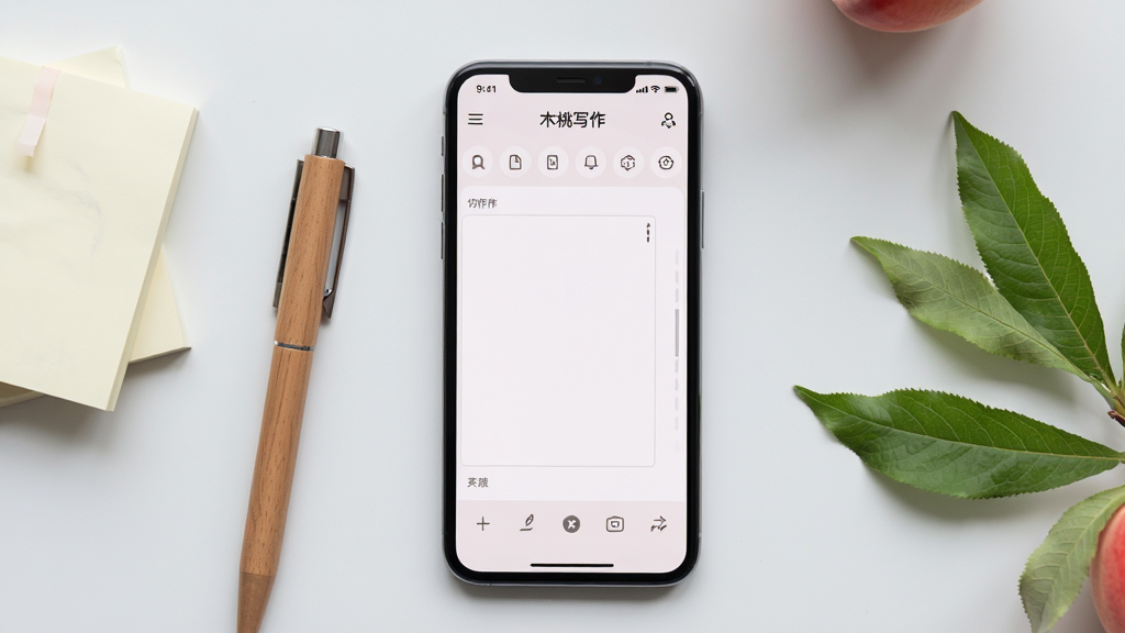 画面中央展示一部智能手机,屏幕显示“木桃写作”应用主界面,界面为简洁的浅色写作编辑器布局,上方有标题栏与功能按钮,中部为文本输入区域,下方为工具栏;手机左侧放置一支木质质感的笔和一叠便签纸,右侧点缀几片绿色桃叶;背景为干净的浅灰白色桌面,整体风格清新简约,光线柔和,画质清晰,无多余装饰元素。