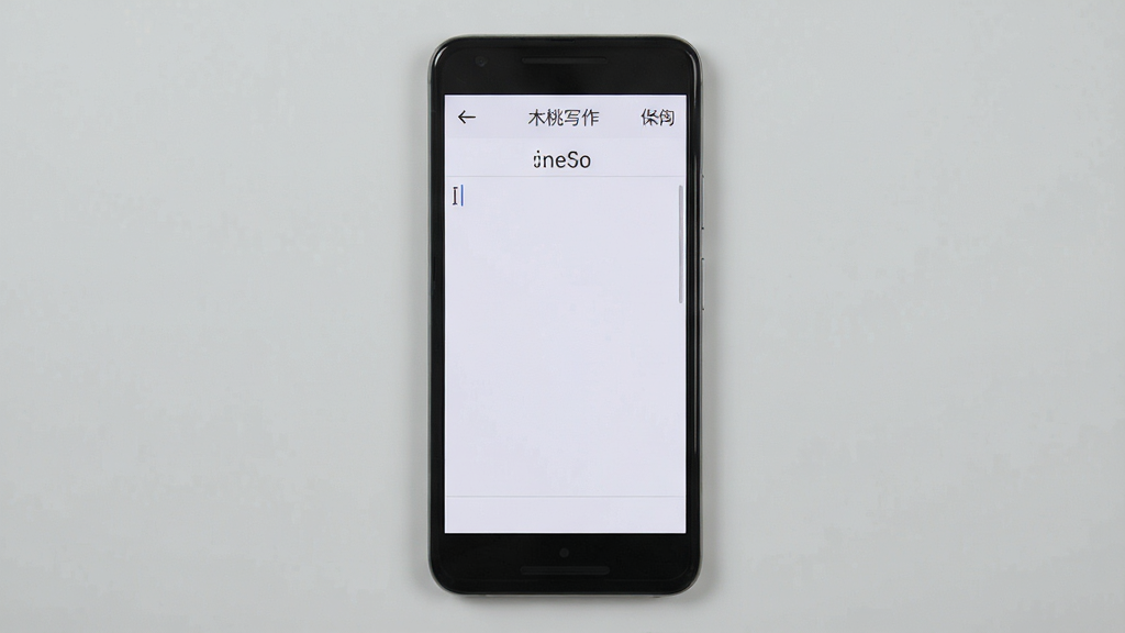 画面为“木桃写作”软件在入门级安卓手机上的运行效果展示,手机屏幕显示简洁的编辑界面,顶部仅保留返回与保存按钮,中部为空白输入区;手机周围没有多余装饰,背景为纯浅灰色;整体风格极简,画质清晰,突出软件轻量化的视觉感受。
