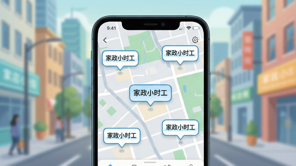 画面主体为一部手机屏幕特写,屏幕中显示家政小时工应用的附近订单地图界面,地图上分布着多个带有“家政小时工”字样的订单气泡标记;手机背后是虚化的城市街区背景,色调清爽;风格为科技感与生活感结合的写实插画,布局简洁,重点突出地图与订单气泡;画质清晰,画面干净,无多余元素