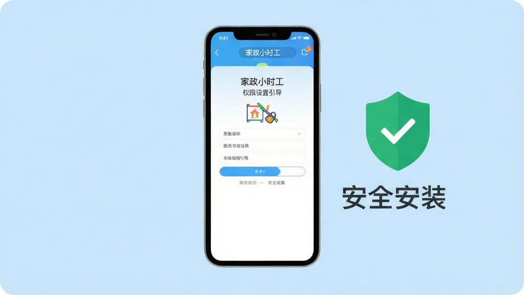 画面主体为一部手机屏幕显示家政小时工应用的权限设置引导页面,旁边配有一个带对勾的盾牌图标与“安全安装”字样;背景为浅蓝色纯色,构图简洁居中;风格为扁平化提示图,色彩明快;画质清晰,画面干净,无多余元素