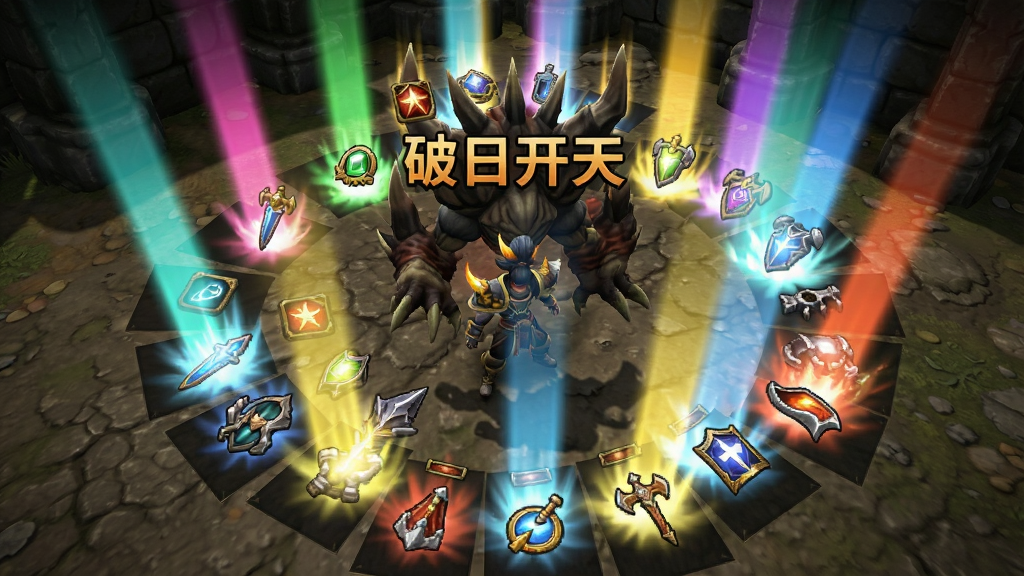 画面主体为游戏内怪物被击败后地面散落多件发光装备的瞬间,布局为斜俯视视角、装备呈扇形散开、角色站在中央,排版突出装备光柱与掉落提示文字“破日开天”,风格为传奇游戏写实风,细节包括装备图标、光柱颜色分层、地面纹理,画质高清、干净、无多余元素