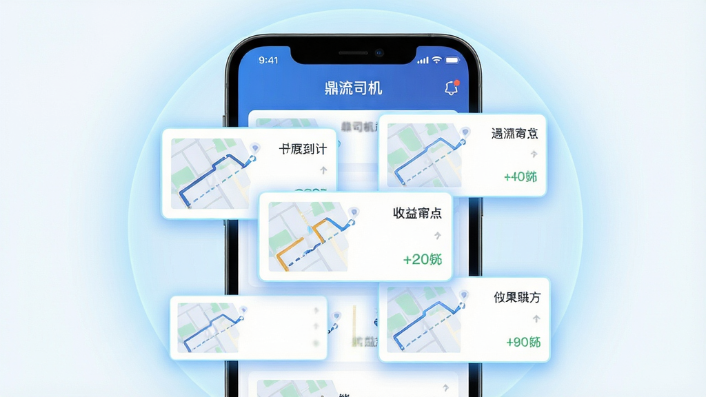 画面主体是一部手机屏幕特写,显示“鼎流司机”的智能订单推送界面,多个订单卡片以浮动形式排列,卡片上有路线示意图与收益数字;布局为屏幕占据画面中心,四周有淡蓝色光晕环绕;风格为扁平化科技插画风;细节包括订单卡片边缘的微光描边、地图路线的虚线标识、顶部状态栏的时间与信号图标;画质为超清2K,画面干净,无杂乱文字堆砌