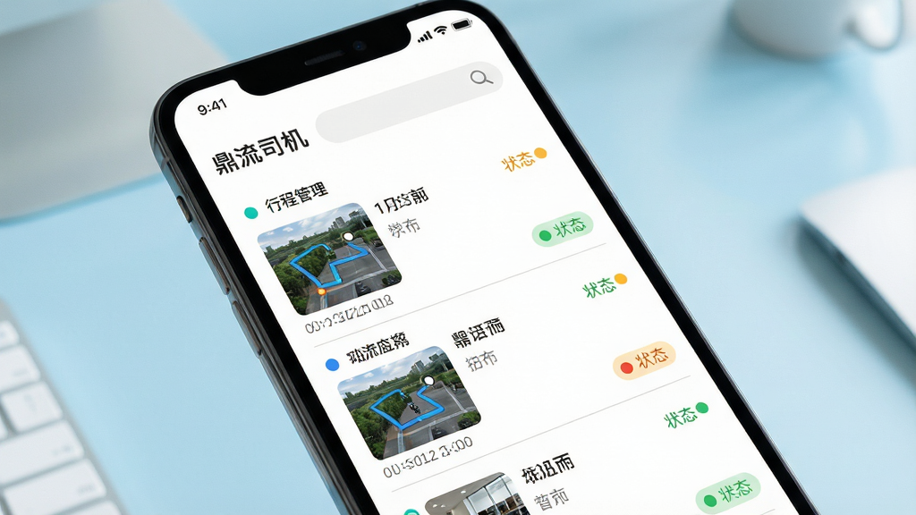 画面主体是手机界面特写,展示“鼎流司机”行程管理列表,每条记录包含时间、路线缩略图与状态标签;布局为手机屏幕占据画面主要区域,背景为淡蓝色办公桌面;风格为清爽工具类应用风;细节包括状态标签的彩色圆点、列表项之间的细分割线、顶部搜索框的放大镜图标;画质为高清,画面干净,无多余元素