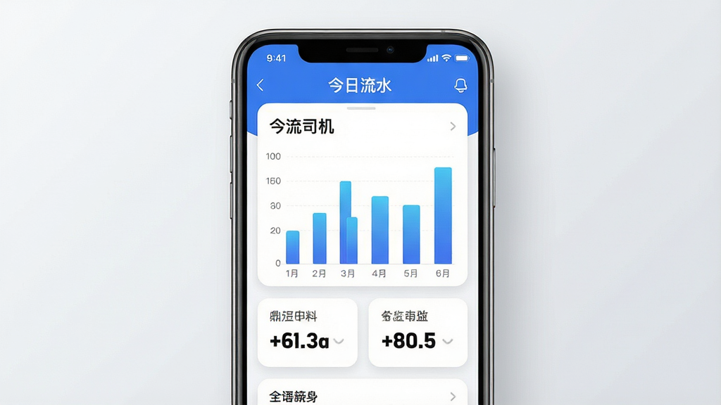 画面主体是手机屏幕展示“鼎流司机”收益统计页面,柱状图与数字卡片清晰可见,页面顶部有“今日流水”字样;布局为手机居中,背景为浅灰色渐变;风格为简约数据可视化风;细节包括柱状图的蓝色渐变填充、数字使用加粗字体、卡片圆角与阴影处理;画质为高清,画面干净,文字清晰可辨,无多余装饰