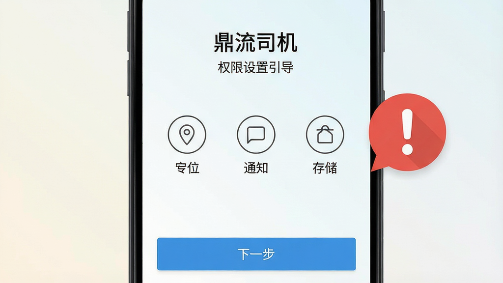 画面主体是一部安卓手机屏幕显示“鼎流司机”权限设置引导页,页面中有定位、通知、存储三个权限图标排列;布局为手机居中,旁边有一个红色感叹号提示气泡;风格为扁平化提示说明风;细节包括权限图标的简洁线条设计、页面底部的“下一步”按钮、背景为浅色渐变;画质为高清,画面干净,文字清晰,无多余装饰