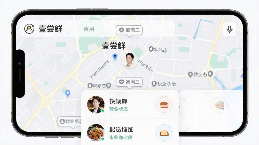 “壹尝鲜”应用内本地商户地图分布界面,主体为手机屏幕中显示周边商户点位与距离标注,布局为地图占满屏幕上方叠加商户卡片列表,排版清晰层次分明,风格为现代简约的浅色系界面设计,细节包括商户头像、营业状态标签与配送范围圆圈,画质干净无杂乱元素