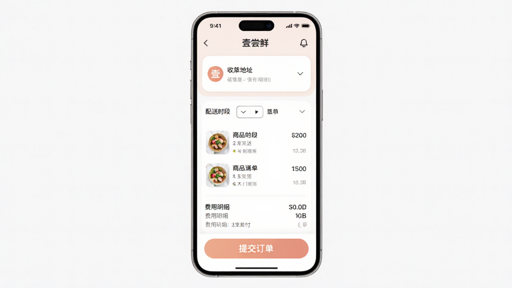 “壹尝鲜”应用下单结算页面展示,主体为手机屏幕内的订单确认界面,布局为上方收货地址卡片中间商品清单下方支付按钮,排版纵向排列信息层级清晰,风格为柔和圆角的浅色界面设计,细节包括配送时段选择器、费用明细行与醒目的提交订单按钮,画质干净整洁无多余装饰