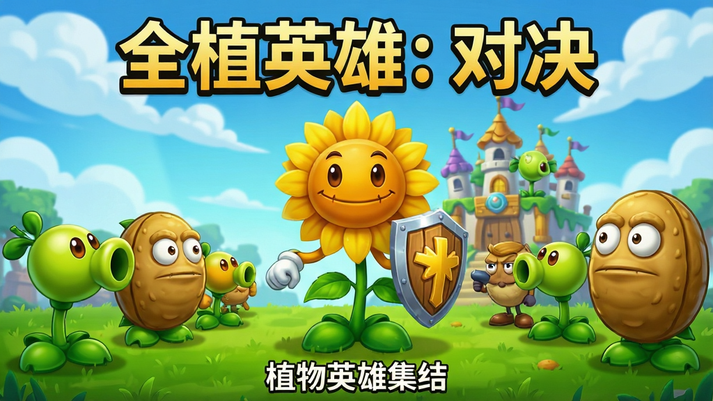 一张以“全植英雄:对决”游戏为主题的竖版宣传图,画面中央是一株拟人化的向日葵英雄手持盾牌站在绿色草坪战场中央,左右两侧分别排列豌豆射手与坚果墙造型的角色,背景是蓝天白云与卡通风格的植物王国城堡,整体采用明亮鲜艳的卡通渲染风格,画面顶部用醒目大字写着“全植英雄:对决”,底部用小字标注“植物英雄集结”,画质清晰细腻,色彩干净饱满,构图居中对称,无多余杂乱元素