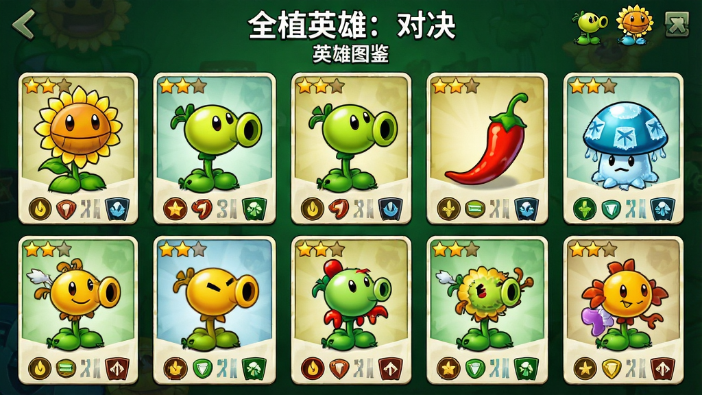 一张展示“全植英雄:对决”植物英雄收集界面的图片,画面采用九宫格卡片布局,每张卡片上绘制不同造型的植物英雄,包括向日葵、豌豆射手、火爆辣椒、寒冰菇等,卡片带有星级标识与属性图标,背景为深绿色渐变,顶部用白色文字写着“全植英雄:对决”与“英雄图鉴”,整体风格为精致卡牌UI设计,画质清晰,排版整齐,无多余装饰元素
