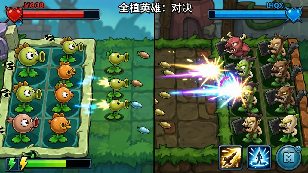 一张表现“全植英雄:对决”实时对战场景的图片,画面为左右分屏的对战视角,左侧是己方植物阵地,右侧是敌方阵地,中间有飞行中的豌豆子弹与技能光效,底部显示能量条与技能按钮,画面上方用红色与蓝色分别标注双方血条,整体风格为动感十足的卡通战斗界面,画质锐利,特效干净,构图紧凑,无杂乱背景
