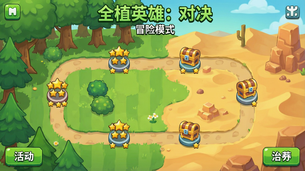 一张展示“全植英雄:对决”关卡地图界面的图片,画面为一条蜿蜒的卡通路径穿过森林与沙漠场景,路径上分布着多个关卡节点,节点带有星星评价与宝箱图标,地图角落有活动入口按钮,顶部用绿色文字写着“全植英雄:对决”与“冒险模式”,整体风格为清新明快的休闲游戏地图,画质清晰,布局疏朗,无多余元素