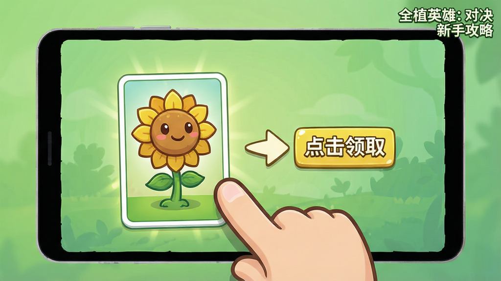 一张表现“全植英雄:对决”新手引导界面的图片,画面为一只卡通手指指向屏幕上的向日葵英雄卡片,旁边有箭头标注“点击领取”,背景为柔和的绿色渐变,画面一角用小字写着“全植英雄:对决 新手攻略”,整体风格为简洁明快的教学界面,画质干净,重点突出,无多余装饰