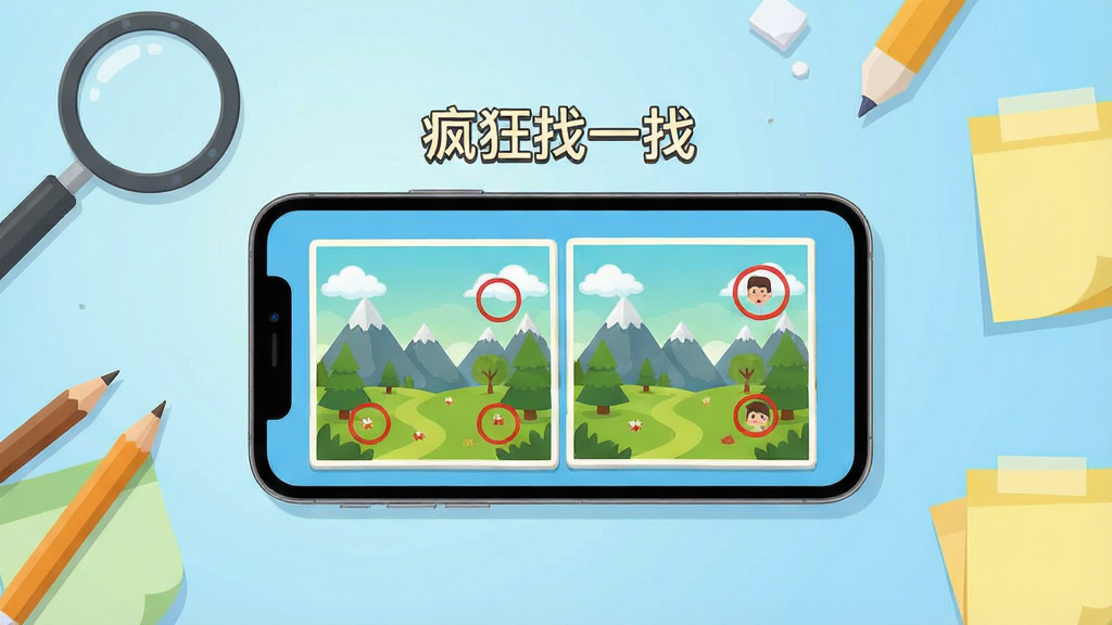 画面中央放置一部智能手机,手机屏幕上显示一款找茬类游戏的关卡界面,界面中有两幅并排的卡通风景图,图中用红圈标出几处差异位置,手机周围散落着放大镜、铅笔、便签纸等小物件,背景为浅蓝色渐变桌面,整体布局干净整洁,风格为扁平化插画,细节清晰,画质高清,画面干净,无多余元素,图中手机屏幕上方写有“疯狂找一找”字样