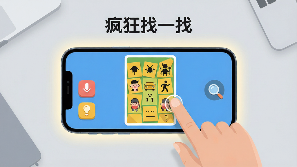 画面展示一部手机横屏放置,屏幕内为找茬游戏进行中的画面,画面两侧分别有提示按钮和放大镜图标,手指正点击屏幕上的差异位置,屏幕外有柔和的光晕效果,背景为浅灰色简约桌面,整体布局以手机为中心,风格为现代扁平化设计,细节清晰,画质高清,画面干净,无多余元素,屏幕上方写有“疯狂找一找”字样
