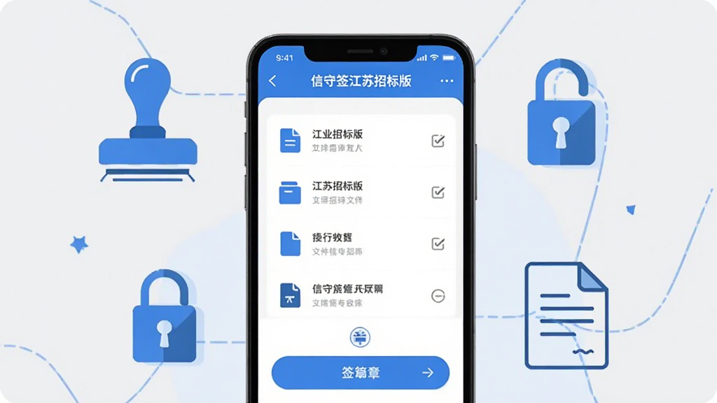 画面主体是一部竖屏智能手机,屏幕中央展示“信守签江苏招标版”应用主界面,界面中包含文件列表与签章按钮等元素,手机周围以简洁线条勾勒出电子印章、加密锁、文档图标等辅助图形,整体采用蓝白商务配色,扁平化插画风格,背景为纯净浅灰色,画面干净整洁,构图居中,高清画质,无多余装饰元素