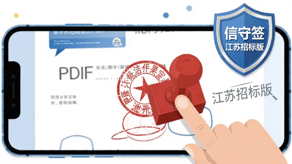 画面主体为一部手机横屏展示PDF文档页面,页面上有一个红色电子印章正在被手指拖拽放置到指定位置,手机旁配有数字证书盾牌图标与“信守签江苏招标版”文字标识,整体采用扁平商务插画风格,蓝白红三色搭配,背景干净简洁,高清画质,构图清晰,无杂乱元素
