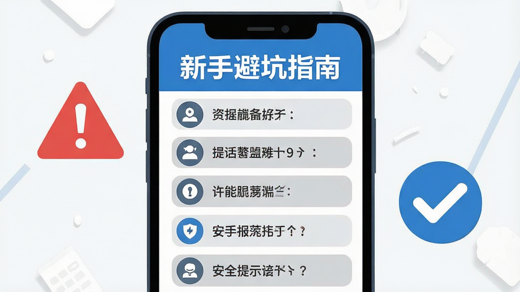 画面主体为一部手机屏幕显示“新手避坑指南”文字标题与若干条带图标的安全提示条目,手机旁边配有一个红色警示三角图标和一个蓝色对勾图标,整体采用扁平化信息图风格,配色为蓝白灰搭配少量红色点缀,背景简洁干净,排版清晰,高清画质,无多余装饰