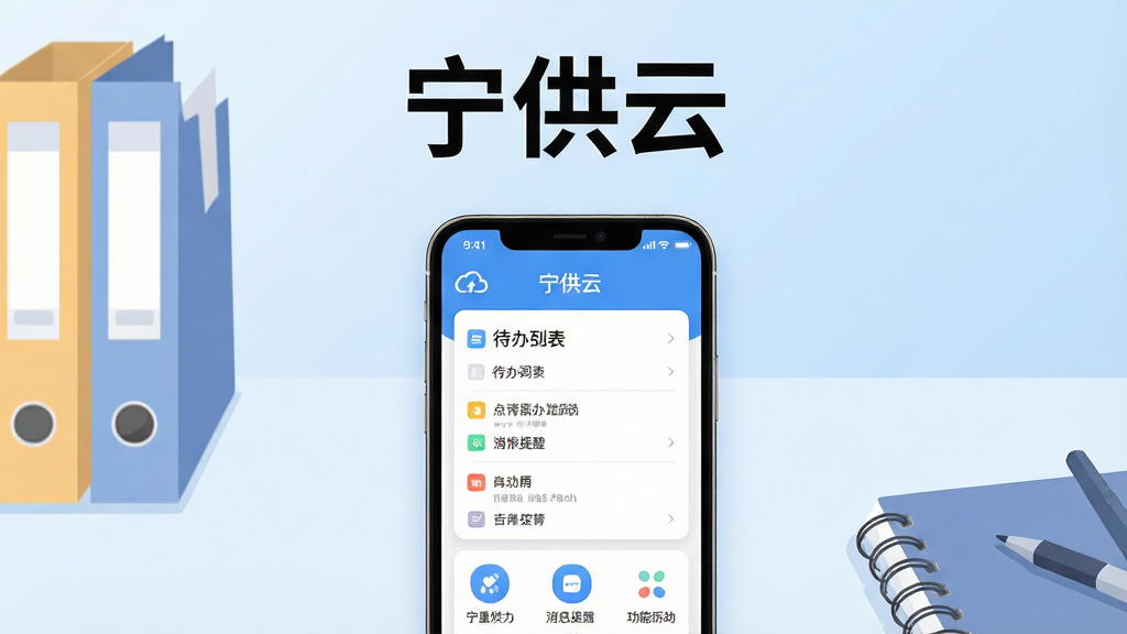 画面主体是一部竖屏智能手机,屏幕上显示“宁供云”应用主界面,包含待办列表、消息提醒与功能图标;布局为手机居中放置,背景为浅蓝色渐变办公桌面,桌面摆放文件夹与笔记本;排版采用上下结构,上方留白放置大标题“宁供云”,下方为手机与桌面场景;风格为清爽商务扁平插画风;细节包括手机屏幕内清晰的卡片式布局、图标圆角、柔和阴影、桌面纹理;画质高清,画面干净,无多余元素