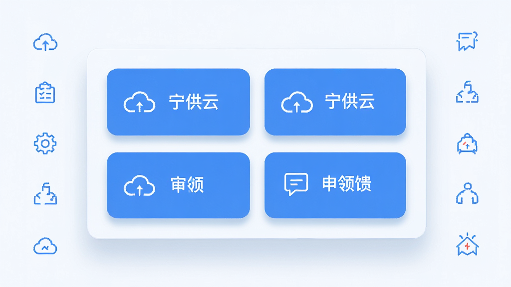 画面主体为一块悬浮的数字化工作台面板,面板上分布“宁供云”字样的模块卡片,卡片分别标注待办、审批、申领、反馈;布局为面板居中,四周环绕简洁图标;排版为左右对称的卡片网格;风格为科技感扁平化设计;细节包括卡片圆角、浅色投影、蓝色主色调、图标线性描边;画质清晰,画面干净,无多余元素