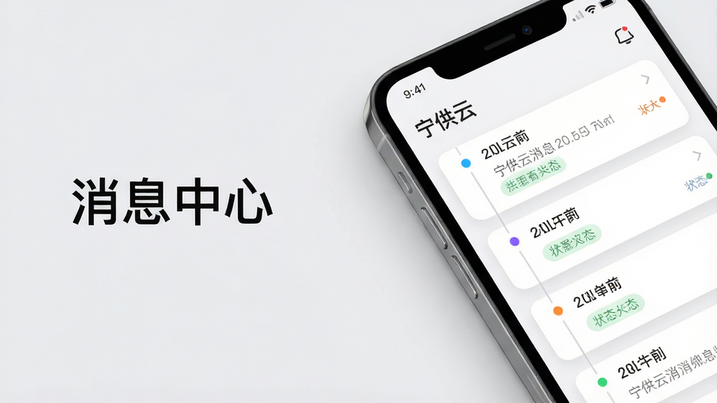 画面主体为手机屏幕特写,屏幕内展示“宁供云”消息中心列表,消息条目带时间线与状态标签;布局为手机斜放在浅灰背景上;排版为手机占据画面右侧,左侧留白放置简洁标题“消息中心”;风格为现代简约UI展示风;细节包括消息卡片层次、已读未读状态色点、柔和光影;画质高清,画面干净,无多余元素