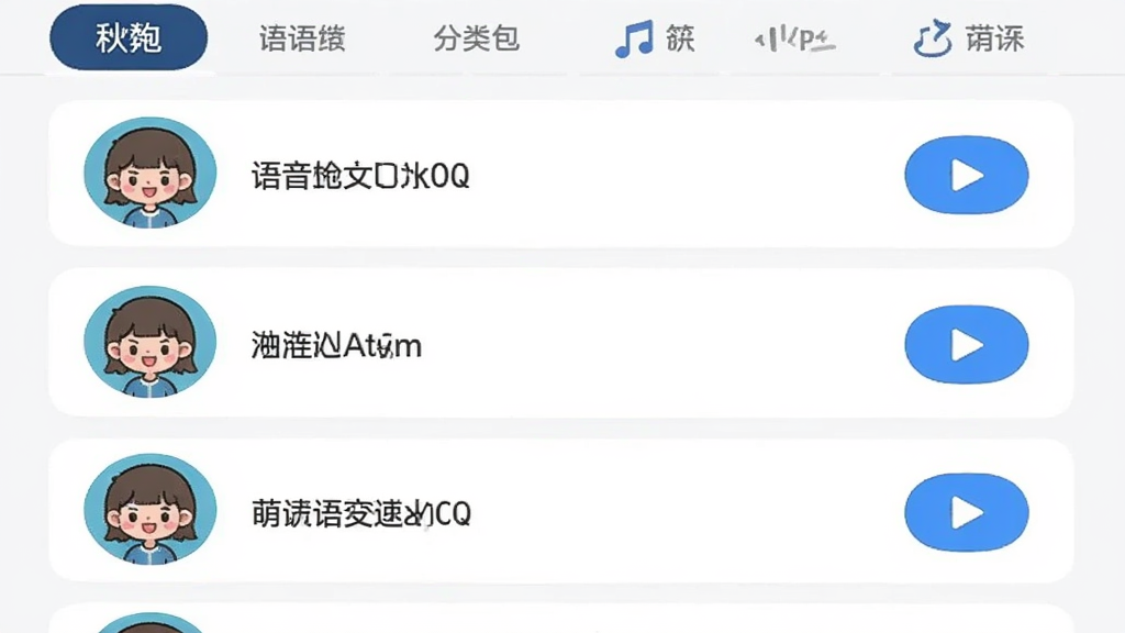 萌语应用内语音包列表页面,多个语音包卡片纵向排列,每张卡片左侧为圆形头像图标,右侧为语音包名称与播放按钮,页面顶部有分类标签栏,整体风格简洁明快,画质清晰,无杂乱元素