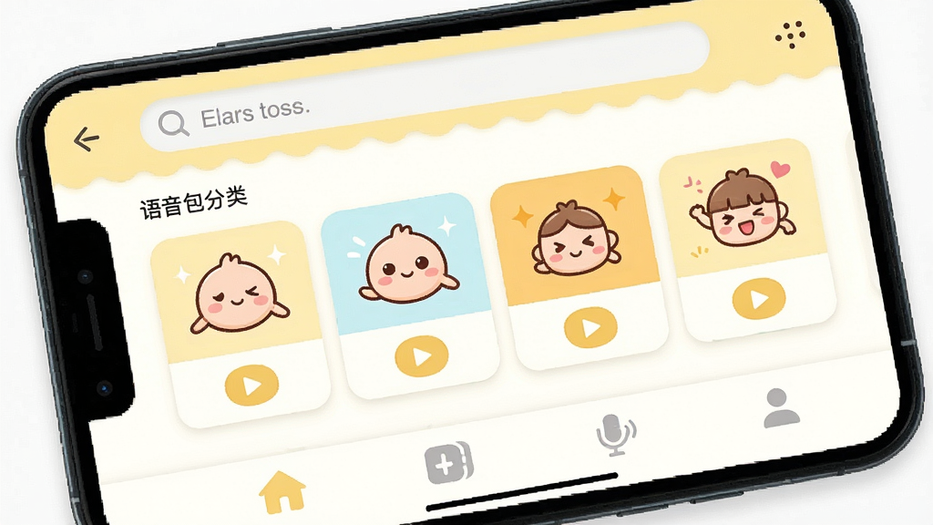 一张手机屏幕展示萌语应用主界面,顶部为搜索栏,中部为语音包分类卡片横向排列,卡片上带有卡通表情与播放按钮,底部为导航栏,整体采用浅黄与白色配色,风格清新可爱,细节清晰,画质干净,无多余元素