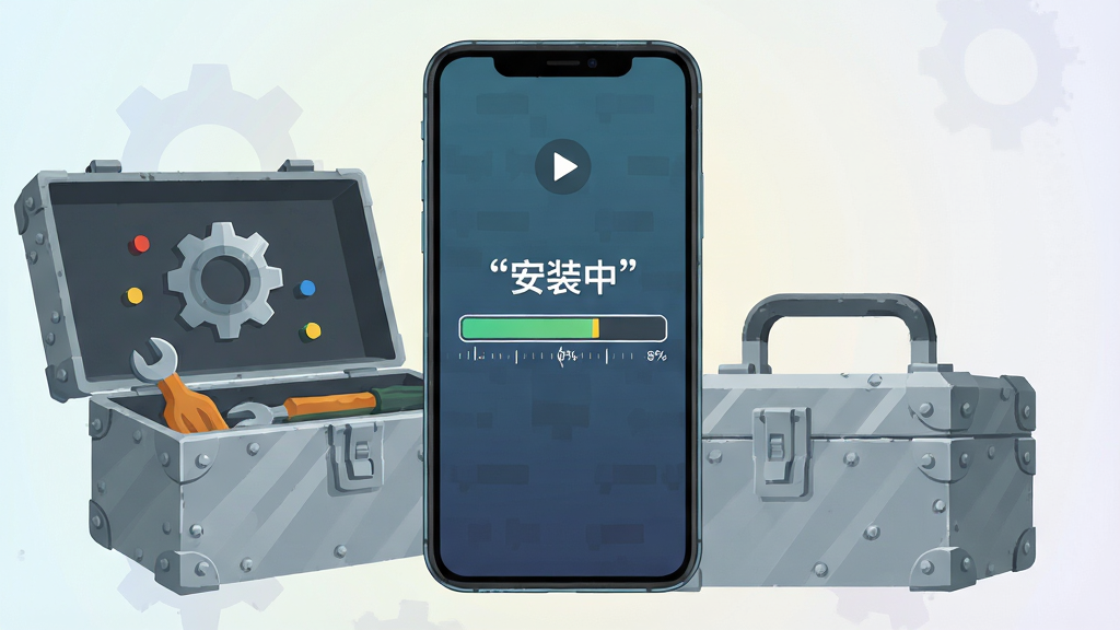 画面主体为一部智能手机屏幕显示火柴人战争2:帝国的安装进度条,手机旁边放着一个打开的工具箱和齿轮图标,布局为居中对称构图,风格为扁平科技插画,细节包括手机边框、进度条百分比刻度、工具箱金属质感和背景浅色渐变,画质清晰干净,画面中进度条上方标注引号文字“安装中”,整体无多余元素