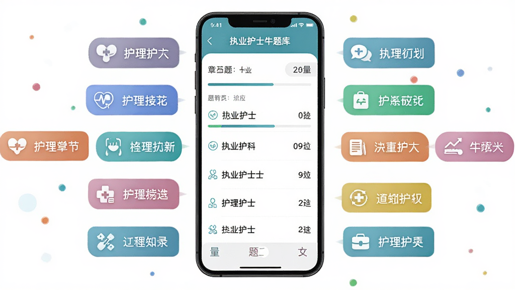 画面主体为一部竖直放置的智能手机,屏幕中展示“执业护士牛题库”的章节列表界面,左侧悬浮若干彩色标签代表不同护理学科分类;布局采用中心对称构图,手机居中,标签环绕四周;排版清晰、层次分明;风格为扁平化科技教育插图;细节上标签带有图标与文字、手机界面有进度条与题量数字;画质高清、画面干净、无多余元素