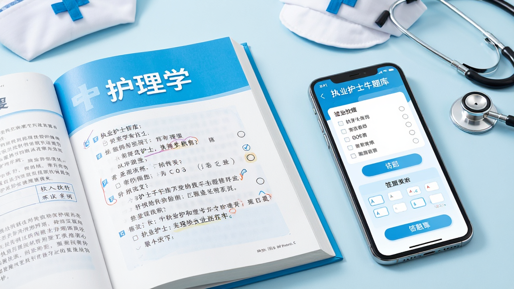 画面主体为一本翻开的护理学教材与一部智能手机并排摆放,手机屏幕中显示“执业护士牛题库”应用界面,界面内含选择题与答题卡布局;整体采用明亮清新的医疗蓝白配色,背景为浅色书桌场景,点缀护士帽与听诊器小元素;排版上教材位于左侧、手机位于右侧形成对角构图;风格为写实教育类产品展示图;细节上手机屏幕文字清晰、按钮圆润、教材页面有笔记标注;画质高清、画面干净、无多余元素