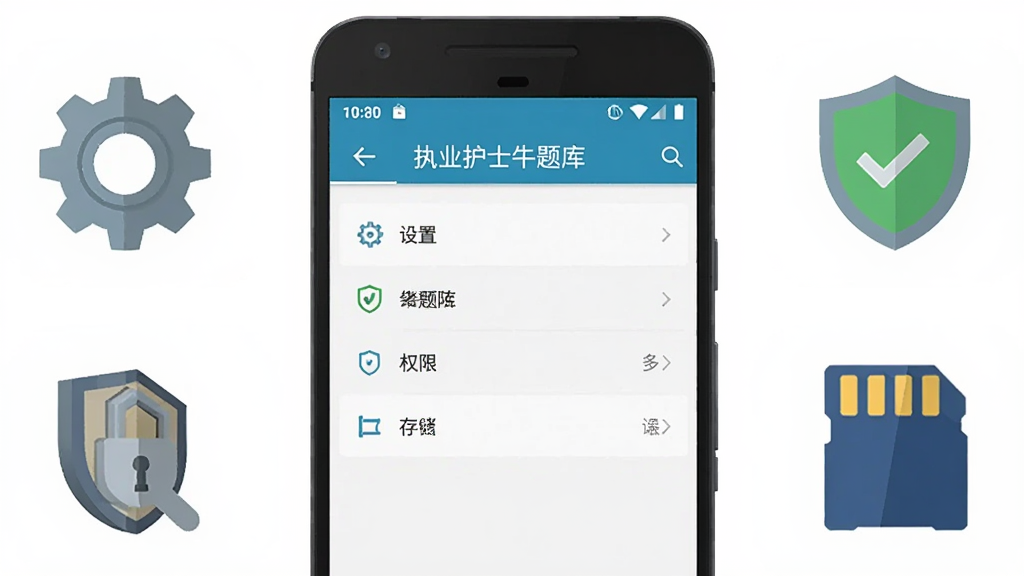 画面主体为一部安卓手机屏幕显示“执业护士牛题库”设置界面,旁边配有齿轮、盾牌与存储卡图标;布局为手机居中、图标分列两侧;排版清晰有序;风格为扁平化实用工具插图;细节上齿轮代表设置、盾牌代表权限、存储卡代表缓存路径,界面文字清晰;画质高清、画面干净、无多余元素