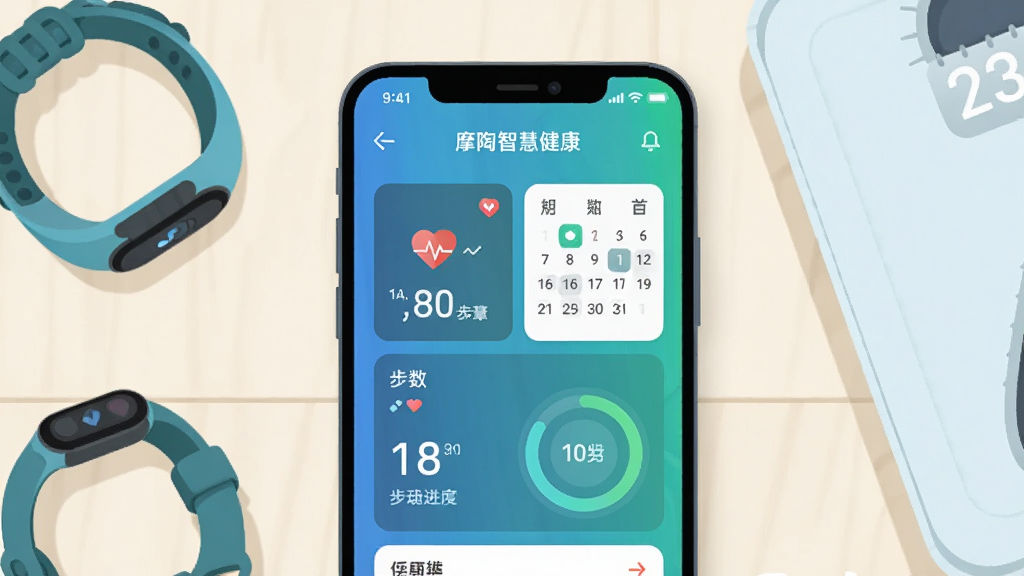 画面主体为一部智能手机,屏幕中展示“摩陶智慧健康”应用主界面,界面包含健康数据卡片与运动进度环;布局为手机居中放置于浅色桌面,周围点缀智能手环与体重秤;排版简洁,上方留白;风格为现代科技感扁平插画,色调以蓝绿渐变为主;细节包括界面上的心率图标、步数数字与日历标记;画质清晰,干净,无多余元素