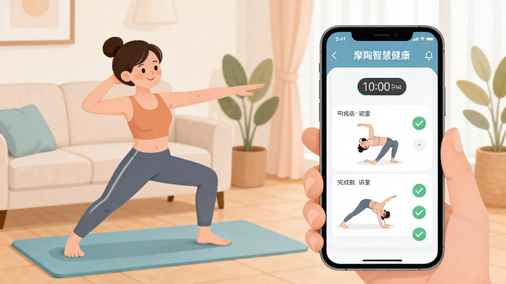 画面主体为一位用户在客厅跟随手机应用做拉伸动作,手机屏幕显示“摩陶智慧健康”训练计划界面;布局为人物在左,手机在右,地面有瑜伽垫;排版自然;风格为温馨生活化插画,色调柔和;细节包括运动计时器、动作示意图与完成勾选标记;画质清晰,干净,无多余元素