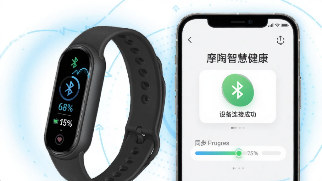 画面主体为智能手环与手机并排摆放,手机屏幕显示“摩陶智慧健康”设备连接成功界面;布局为手环在左,手机在右,背景有淡蓝色光晕;排版简洁;风格为科技产品展示插画;细节包括蓝牙图标、电量百分比与同步进度条;画质清晰,干净,无多余元素