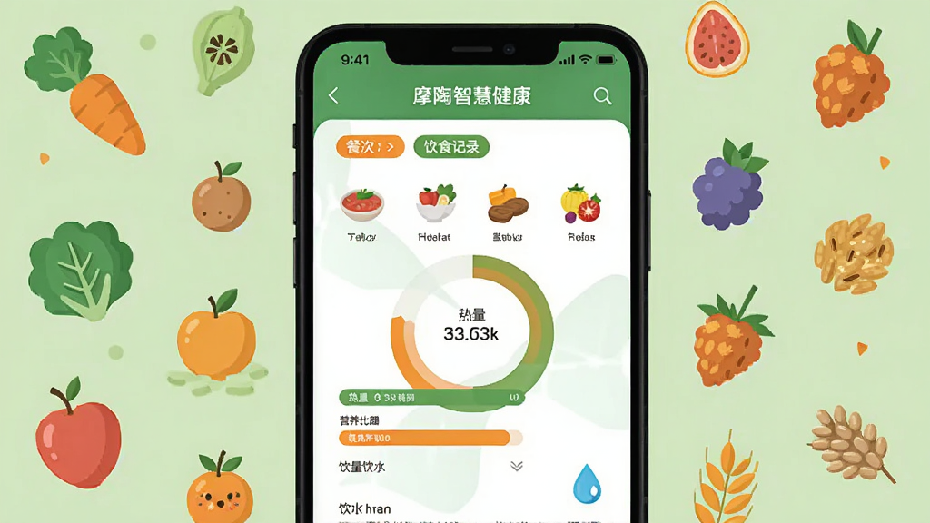 画面主体为手机屏幕显示“摩陶智慧健康”饮食记录页面,页面中有食物图标与热量环形图;布局为手机居中,四周环绕蔬菜、水果与谷物的小插图;排版活泼;风格为清新扁平插画,绿色与橙色为主;细节包括餐次标签、营养比例条与饮水提醒水滴;画质干净,无多余元素