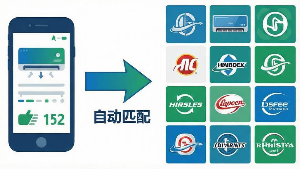 一张信息图表风格的插图,画面左侧是手机图标,右侧是排列整齐的空调品牌Logo墙,中间用箭头连接,箭头下方标注“自动匹配”字样,背景为白色,配色以蓝色和绿色为主,风格扁平化,细节清晰,画质干净,无多余元素