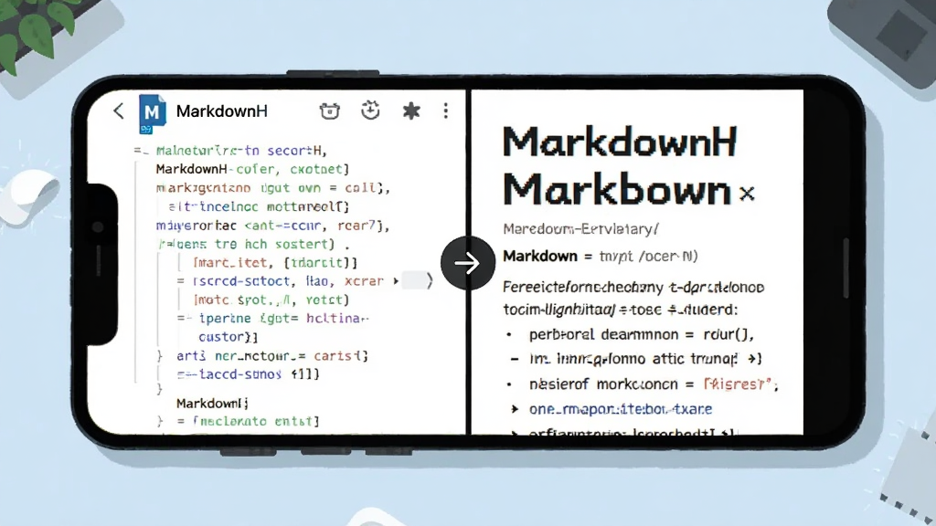 一部手机横向放置,屏幕分成左右两栏,左栏显示带“MarkdownH”标识的 Markdown 源代码,右栏显示已经排版好的文章预览,中间有同步箭头图标;背景为淡蓝色桌面,画面风格扁平插画,细节突出标题字号层级和列表符号,画质干净清晰,无杂乱装饰