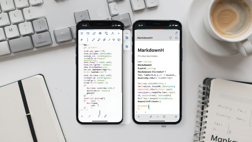 画面中央放置一部智能手机,屏幕显示简洁的 Markdown 编辑界面,左侧是带语法高亮的文本区,右侧是排版后的预览区,上方有“MarkdownH”字样标题栏;背景为浅灰渐变工作台,旁边摆放键盘、笔记本和一杯咖啡,整体布局左右均衡,风格清爽现代,细节包括工具栏图标、光标位置和预览区标题层级,画质清晰锐利,画面干净无多余元素