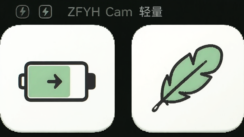 主体是手机与电量图标组合,旁边放置羽毛图标象征轻量;布局为左右并列;排版为简洁双栏;风格为极简图标插画;细节包括浅绿配色、圆角卡片、轻微投影;画质高清、干净、无多余元素,图中文字为