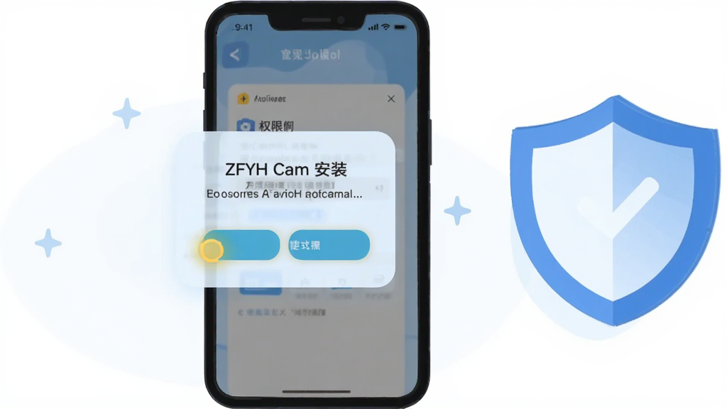 主体是手机屏幕显示权限设置弹窗与安装提示界面;布局为手机居中、旁边放置盾牌图标;排版为左右结构;风格为扁平化安全主题插画;细节包括弹窗按钮高亮、浅蓝背景、圆角卡片;画质高清、干净、无多余元素,图中文字为