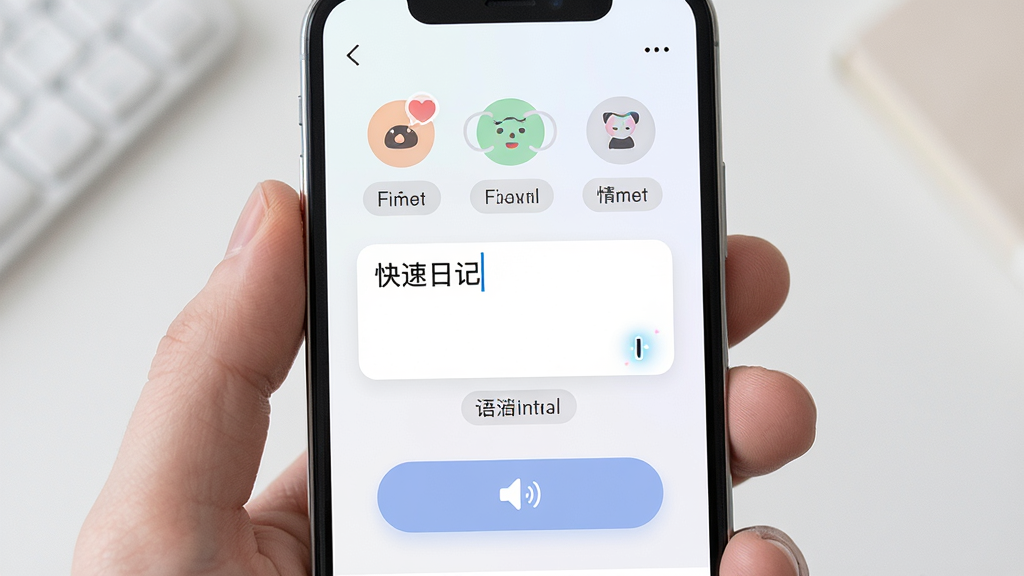 梦境日记快速记录功能展示,主体为手机屏幕特写,画面中央为梦境日记的快速输入框,布局上方为情绪选择图标,下方为语音输入按钮,排版简洁聚焦,风格柔和浅色,细节包括光标闪烁与标签胶囊,画质清晰干净,无多余元素