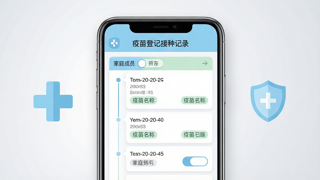 画面主体是一部智能手机,屏幕中央展示“疫苗登记接种记录”软件的主界面,界面内清晰排列着接种时间线卡片、疫苗名称标签与家庭成员切换入口;布局采用居中对称构图,手机两侧点缀浅蓝色医疗十字与盾牌图标;排版上软件界面元素上下分层,上方为标题栏下方为记录列表;整体风格为清爽的扁平化医疗健康风,配色以白色、浅蓝、淡绿为主;细节上手机边缘有柔和光影,界面文字清晰锐利,背景为纯净浅灰渐变;画质高清,画面干净整洁,无多余装饰元素