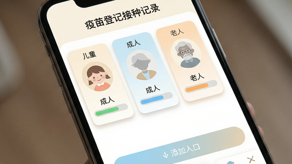 画面主体是一部手机屏幕,显示“疫苗登记接种记录”的家庭成员管理页面,界面中并排展示三张成员档案卡片,分别标注“儿童”“成人”“老人”字样,每张卡片配有头像占位与接种进度条;布局为纵向卡片列表式排列,卡片之间留白均匀;排版上顶部为家庭成员标题,中部为卡片区,底部为添加入口;风格为温馨家庭健康风,配色以米白、浅蓝、淡橙为主;细节上卡片带有柔和圆角与轻微阴影,进度条色彩分明;画质清晰,画面干净,无杂乱元素