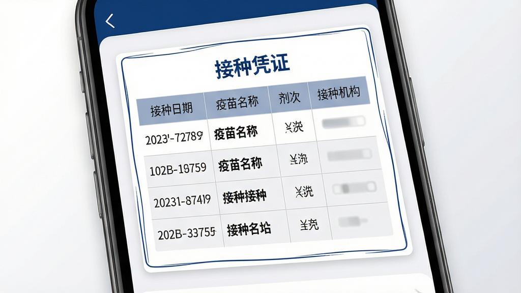 画面主体是一部手机,屏幕显示“疫苗登记接种记录”的接种凭证展示页面,界面中清晰列出接种日期、疫苗名称、剂次、接种机构等字段,字段排列整齐如表格;布局为居中单列信息卡构图,卡片上方有“接种凭证”字样标题;排版上信息行间距均匀,重点字段用加粗字体突出;风格为正式规范的凭证展示风,配色以白色、深蓝、浅灰为主;细节上卡片边缘有细边框,背景为纯白到浅灰的柔和渐变;画质高清,文字锐利,画面干净无多余元素