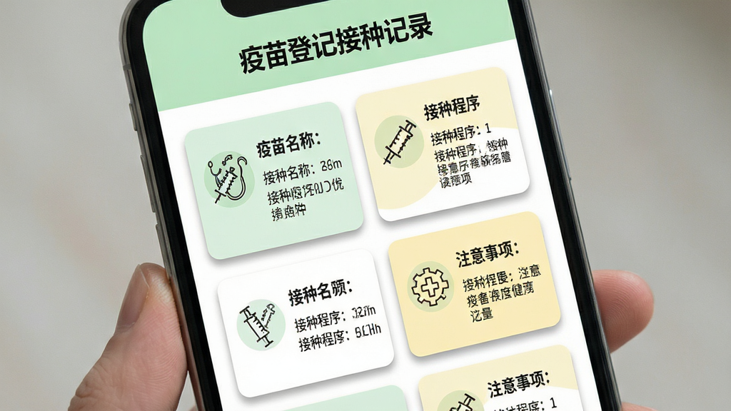 画面主体是一部手机,屏幕显示“疫苗登记接种记录”的疫苗知识科普页面,界面中以图文卡片形式展示疫苗名称、接种程序与注意事项,卡片配有简洁的医疗图标;布局为两列网格卡片排布,错落有致;排版上顶部为科普栏目标题,下方卡片均匀分布;风格为轻松易读的健康科普风,配色以浅绿、白色、淡黄为主;细节上卡片带有轻微投影,图标线条简洁;画质清晰,画面干净,无多余装饰